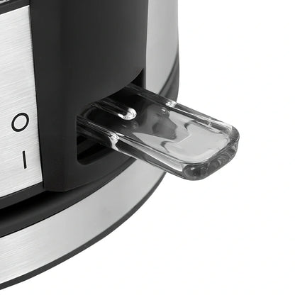 Transparent glass electric kettle showing water level scale and ergonomic handle