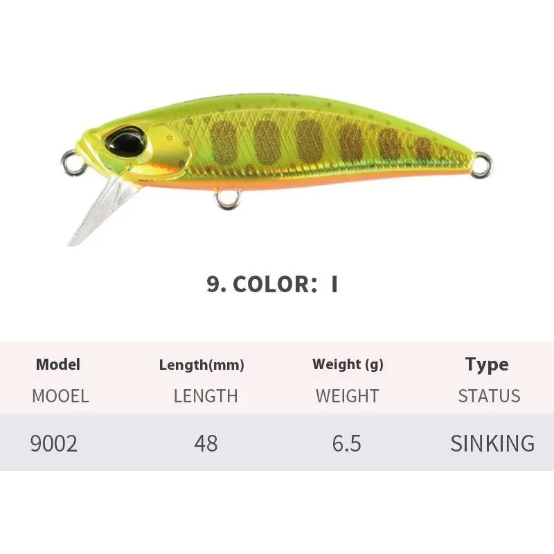 Japanese fishing lure with submerged mino design, 48mm length, 6.5g weight, shown in multiple colour variations