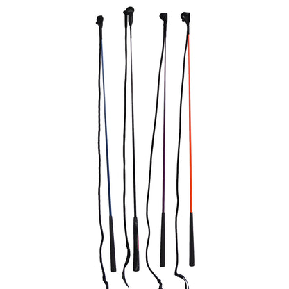 Advanced equestrian training whip made of nylon and fibreglass on a plain background.