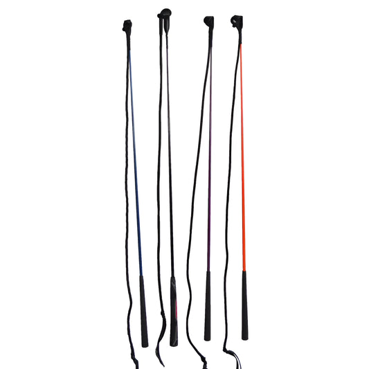 Advanced equestrian training whip made of nylon and fibreglass on a plain background.