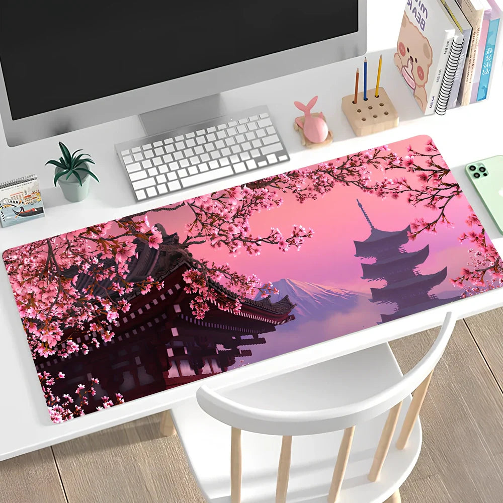 Large non-slip mouse pad with lock edge in Cherry Blossom Tower design, 900x400x4mm natural rubber base for desk stability