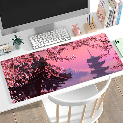 Large non-slip mouse pad with lock edge in Cherry Blossom Tower design, 900x400x4mm natural rubber base for desk stability