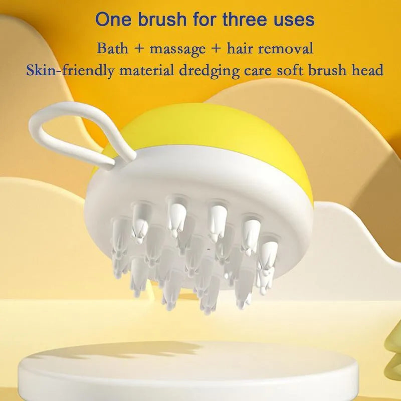 Blue, grey, and yellow 3-in-1 dog shampoo brush with massage points on a white background.