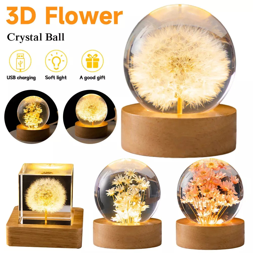 LED Dandelion Crystal Ball Night Light with oak base emitting soft glow