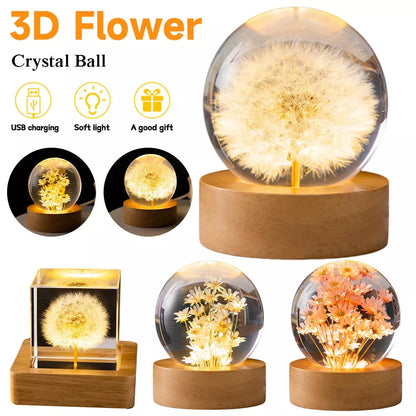 LED Dandelion Crystal Ball Night Light with oak base emitting soft glow