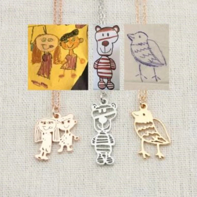 Custom stainless steel kids artwork necklace with personalized pendant