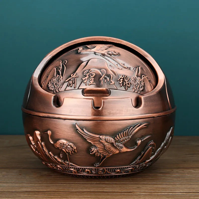 Alloy ashtray with smoke extinguishing slot in bronze finish, featuring Dragon and Phoenix motif, S size
