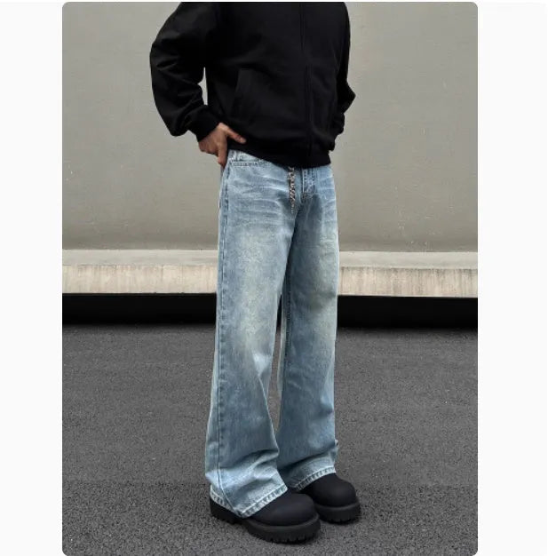 Men's blue retro straight jeans with whisker washing and flared leg detail