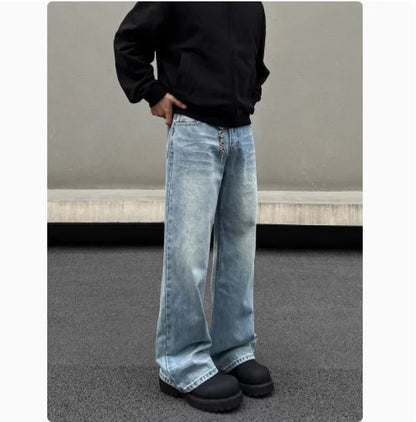 Men's blue retro straight jeans with whisker washing and flared leg detail