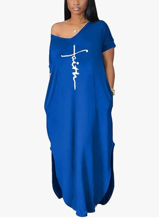 Letter Printed Super Loose Casual Maxi Dress in orange, blue, and black, available in sizes S to 3XL