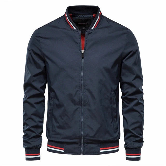 Men's striped zip-up jacket with pockets, available in multiple color options and sizes