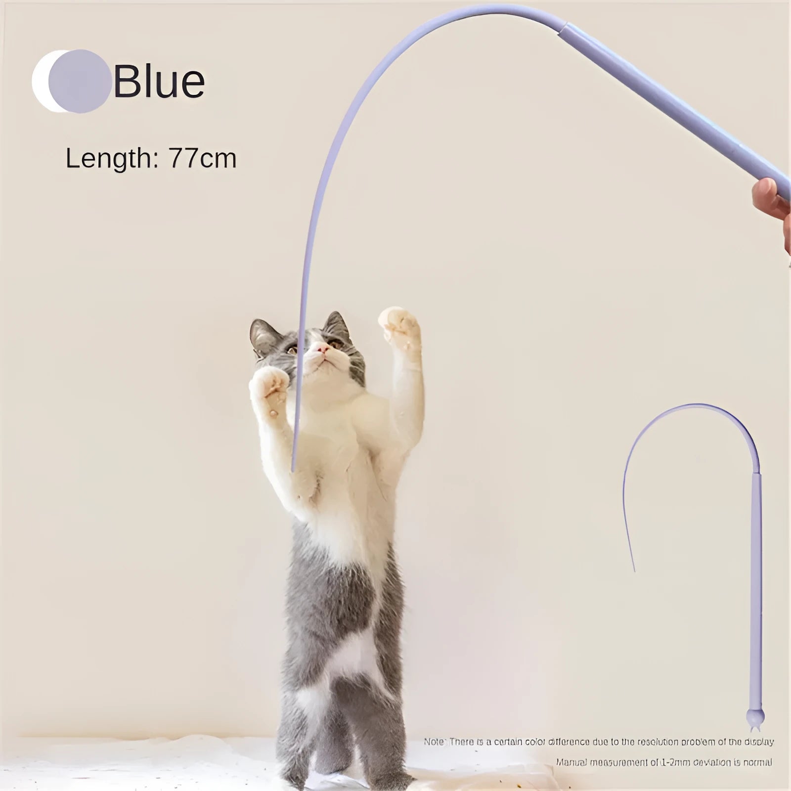 Blue simulated mouse tail cat toy with silicone tail and cat head design on a stick.