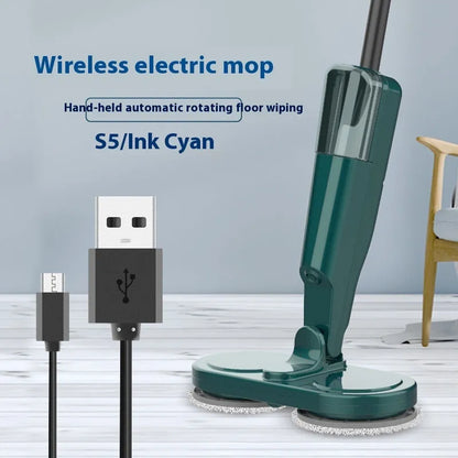 White and green cordless floor cleaning machine with sweeping brushes and water tank.