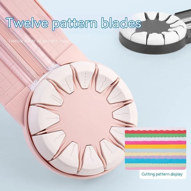 Pink 12-in-1 paper cutter with dotted guides measuring 46.2cm length on craft table