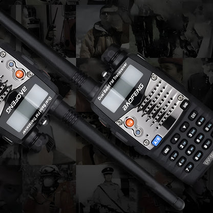 Baofeng UV-5RA handheld dual-band two-way radio with dual display screen and antenna.