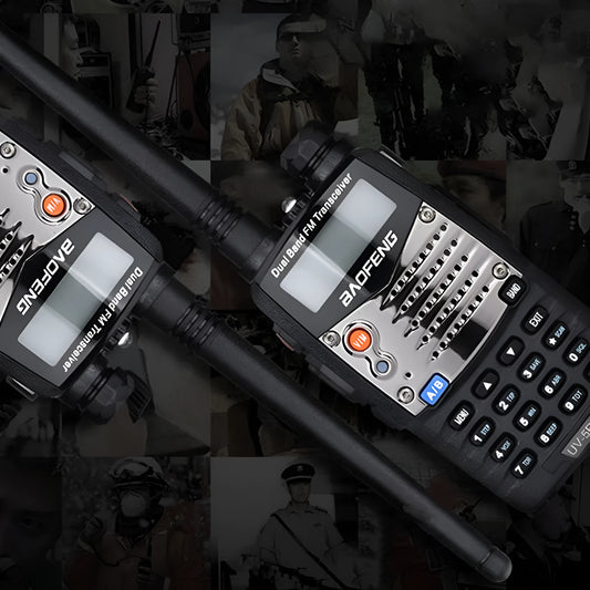 Baofeng UV-5RA handheld dual-band two-way radio with dual display screen and antenna.