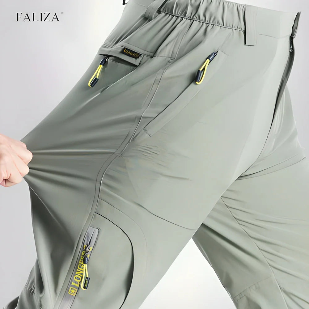 Versatile stretchable cargo pants for men with reinforced stitching, water-repellent properties, and convenient zipper pockets for outdoor adventures