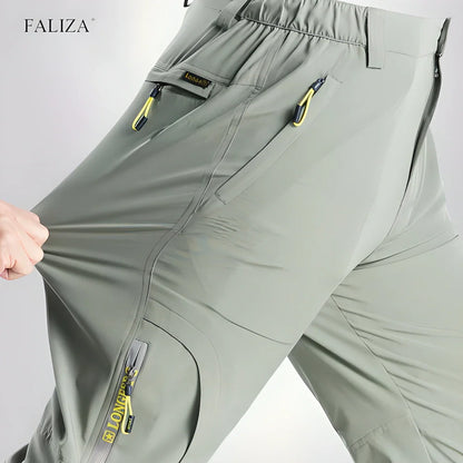 Versatile stretchable cargo pants for men with reinforced stitching, water-repellent properties, and convenient zipper pockets for outdoor adventures