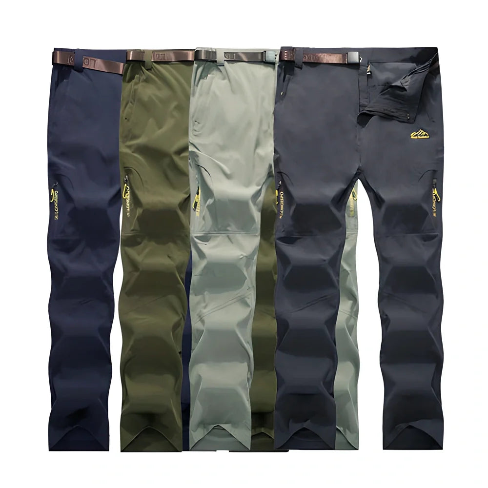 Versatile stretchable cargo pants for men with reinforced stitching, water-repellent properties, and convenient zipper pockets for outdoor adventures