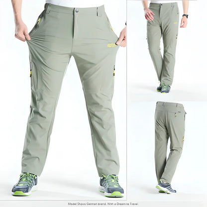 Versatile stretchable cargo pants for men with reinforced stitching, water-repellent properties, and convenient zipper pockets for outdoor adventures
