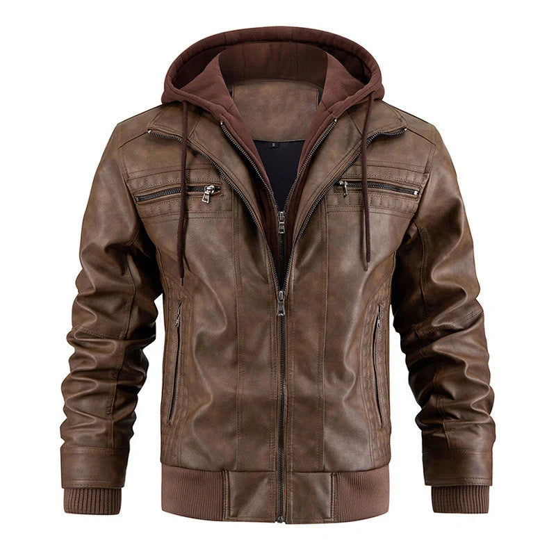 Men's black and brown hooded PU leather jacket with zipper pockets