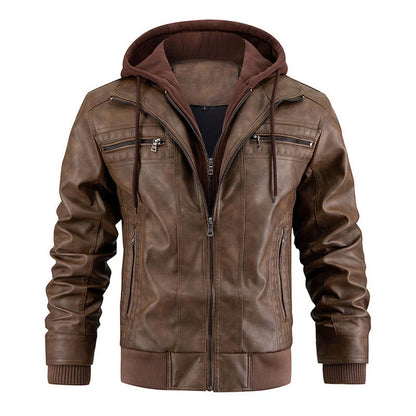 Men's black and brown hooded PU leather jacket with zipper pockets