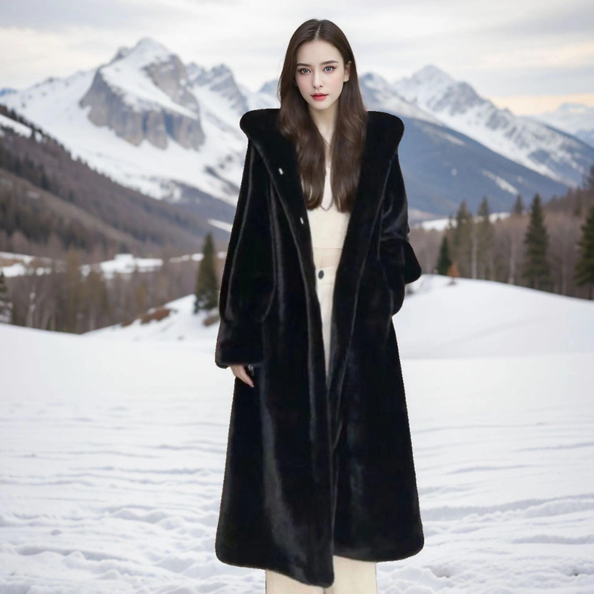 Brown leopard print faux fur coat with regular sleeves, 100cm length, plus size outerwear