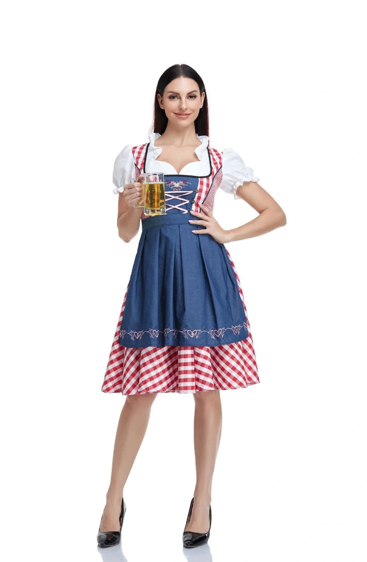 Authentic Oktoberfest dirndl dress with apron and ribbon in red denim, featuring traditional Bavarian-inspired design and comfortable polyester fabric