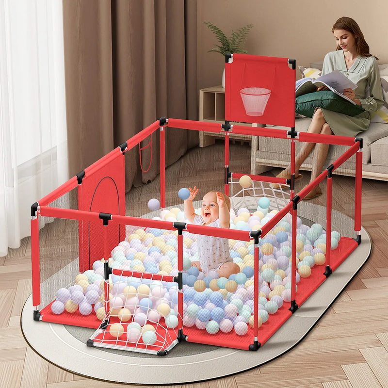 Playpen tent for children featuring steel pipe construction with Oxford cloth fabric in sizes including 1.22x2.3x1.05 metres, available in dark grey, grey, large blue, large red, and rose red colour options for indoor play areas and baby enclosures.
