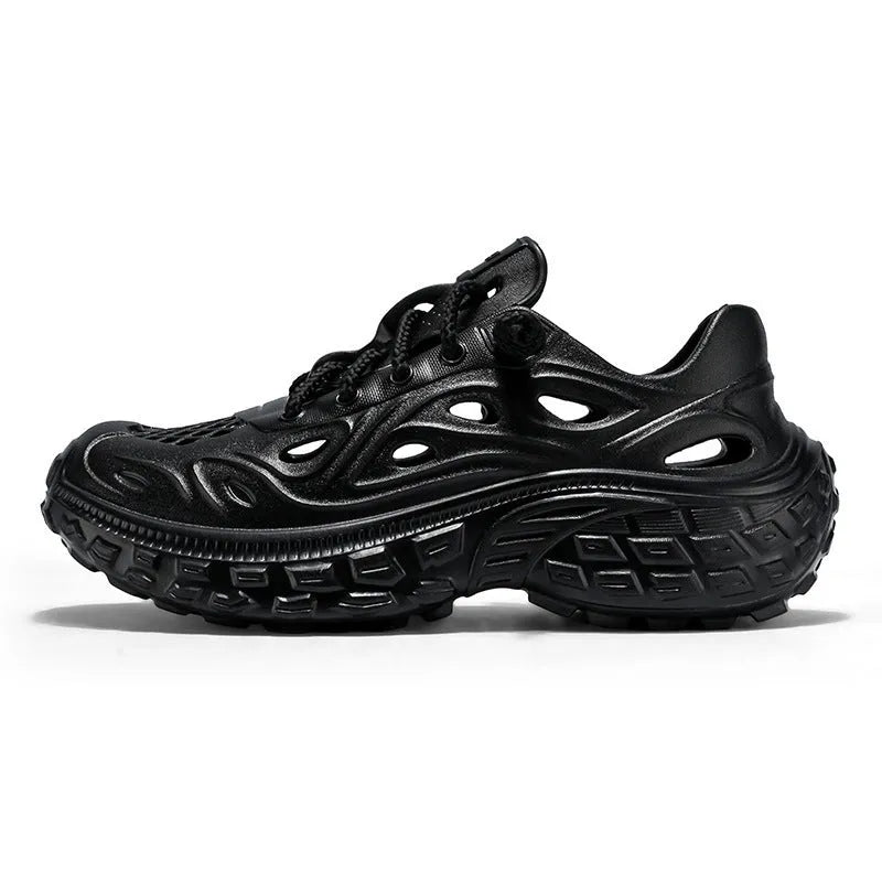 Men's thick-soled EVA summer sandals in army green with a hollow-out design and covered heel