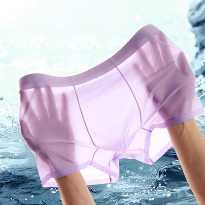 Men's ultra-thin ice silk boxer briefs in purple, shown flat to highlight seamless design.