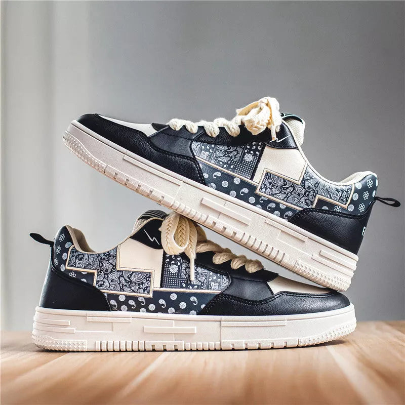 Male Student Sports Casual Shoes in beige, white and blue, and beige and black with mesh lining and rubber sole