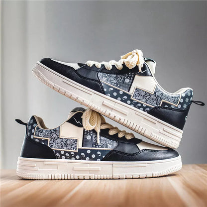 Male Student Sports Casual Shoes in beige, white and blue, and beige and black with mesh lining and rubber sole