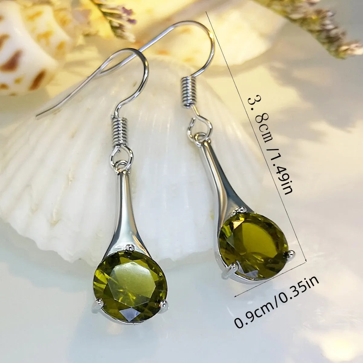 Olive green topaz earrings with water drop shape measuring 2.5 cm, electroplated alloy construction