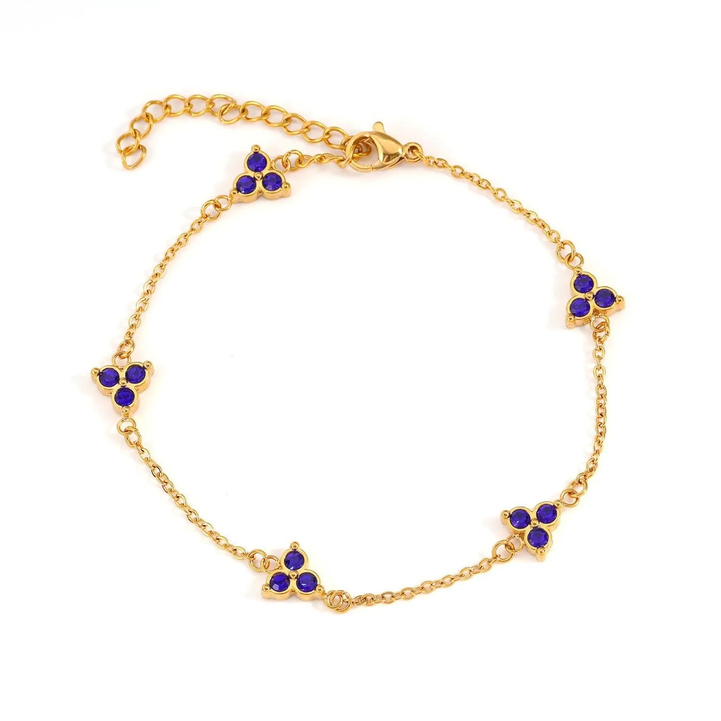 Women's stainless steel bracelet with three triangle-shaped charms in different coloured stone settings