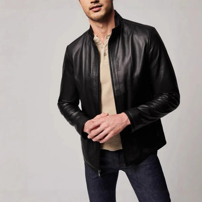 Black men's retro-style polyester jacket with straight hem design and long sleeves