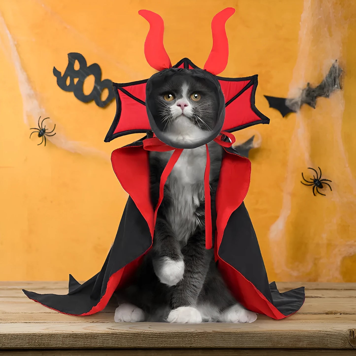 Black polyester vampire cloak and hat costume for a pet dog or cat on Halloween.