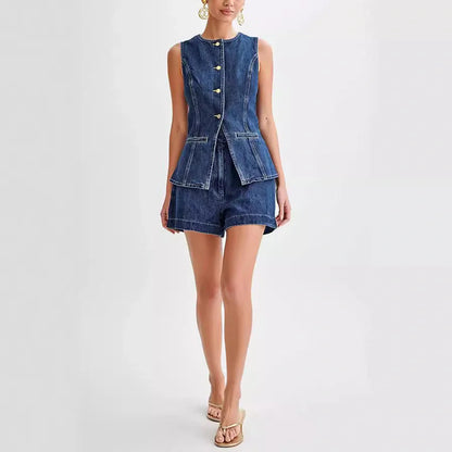 Women's denim vest and high waist shorts set for summer casual wear