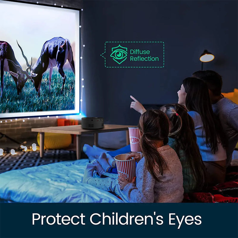 Mini portable children's projector for mobile phones, 110x110x47mm compact ABS construction, 300g lightweight projector for home, hotel and outdoor use with plug-in power supply in black