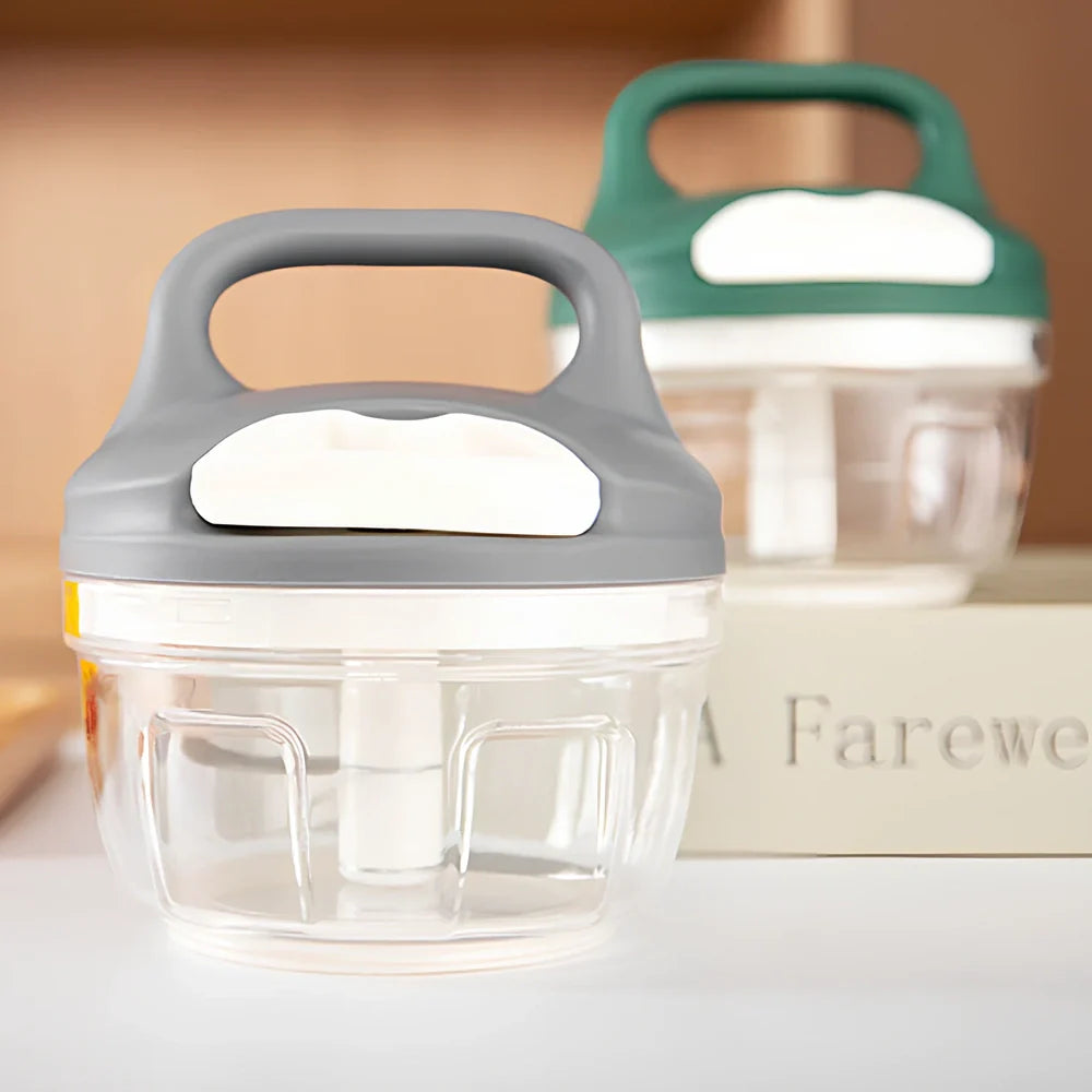 Gray household kitchen vegetable chopper with 200ml capacity and stainless steel blades measuring 10.5cm × 9.5cm