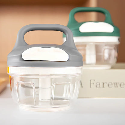 Gray household kitchen vegetable chopper with 200ml capacity and stainless steel blades measuring 10.5cm × 9.5cm