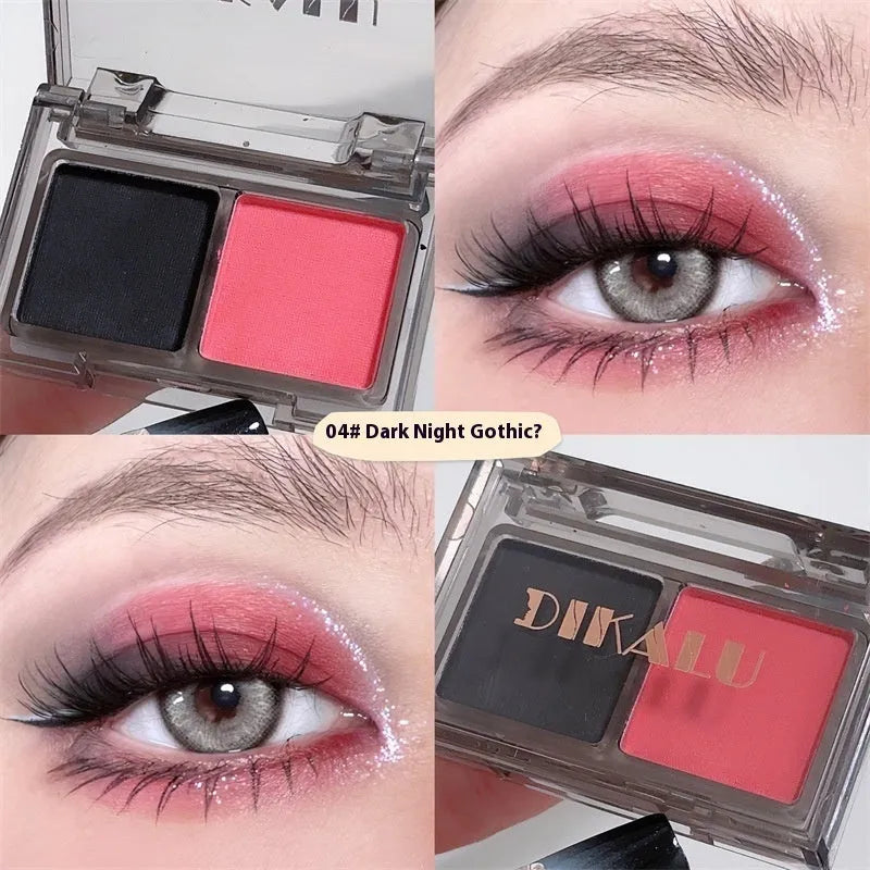 DIKALU two-colour eye shadow compact open, showing a matte and a shimmer shade split down the middle.