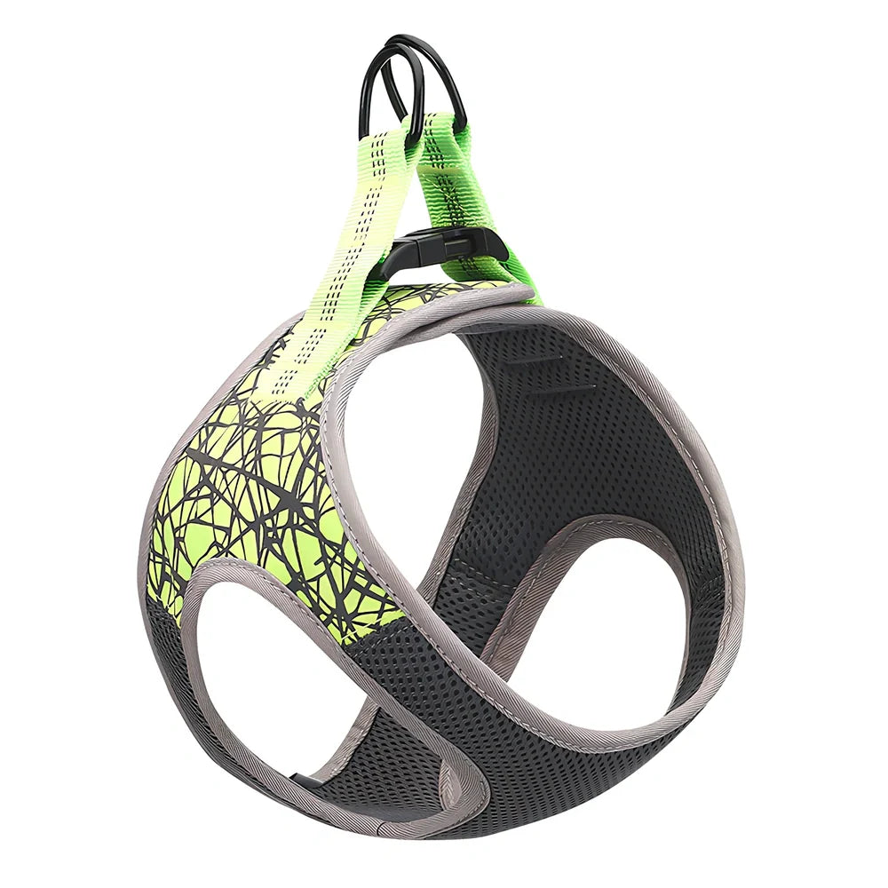 Polyester dog harness with adjustable chest strap in black colour showing buckle fastening system