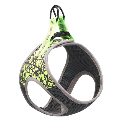 Polyester dog harness with adjustable chest strap in black colour showing buckle fastening system