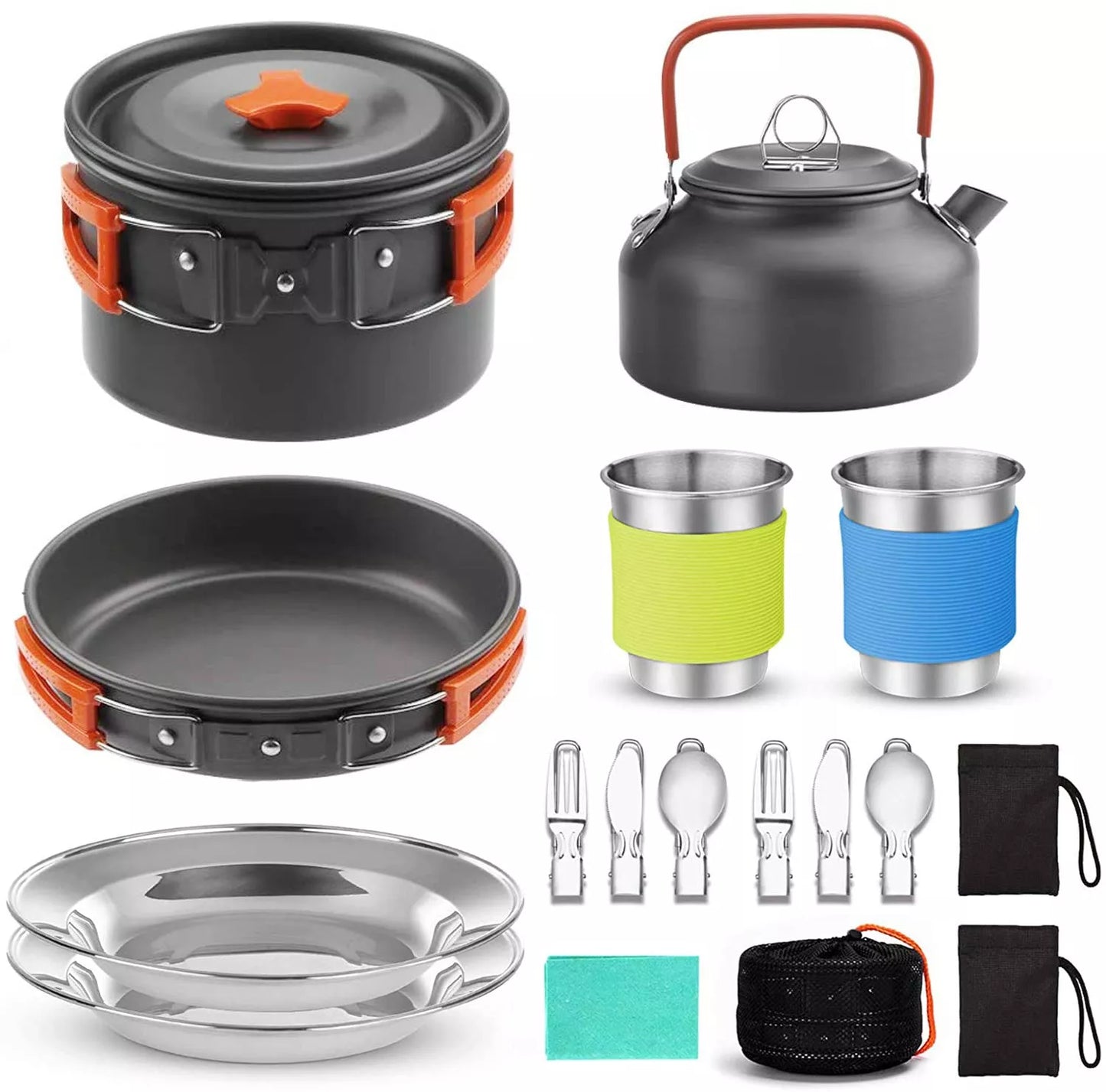 Camping cooker set with teapot, frying pan, and stainless steel utensils for outdoor dining