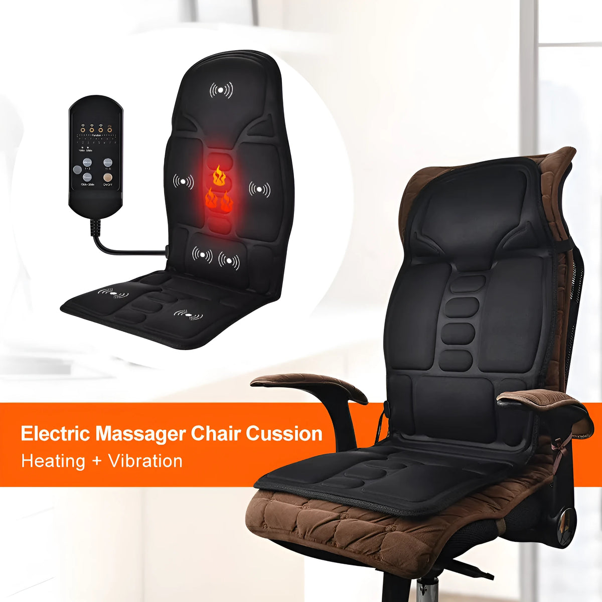 Black electric cervical massager with wireless remote control and OPP storage bag