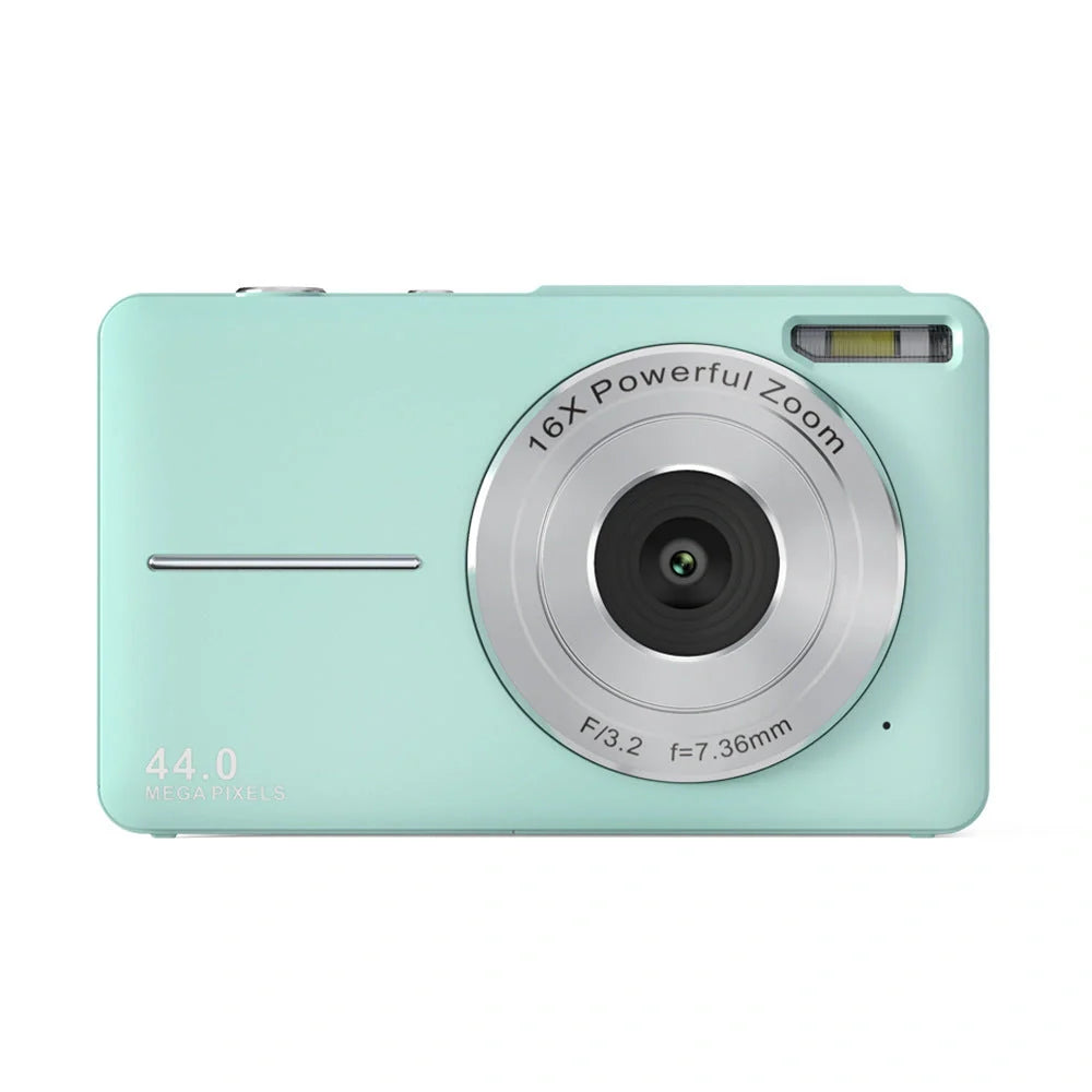 Children's mini digital camera in black, pink, and green with HD video and photo capabilities