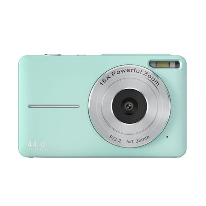 Children's mini digital camera in black, pink, and green with HD video and photo capabilities
