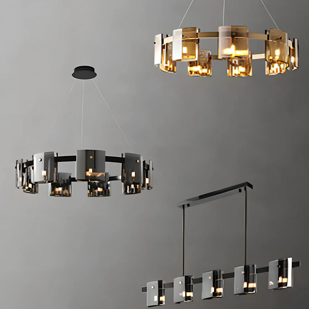Glass fish-shaped LED chandelier with adjustable height mechanism and multiple light sources