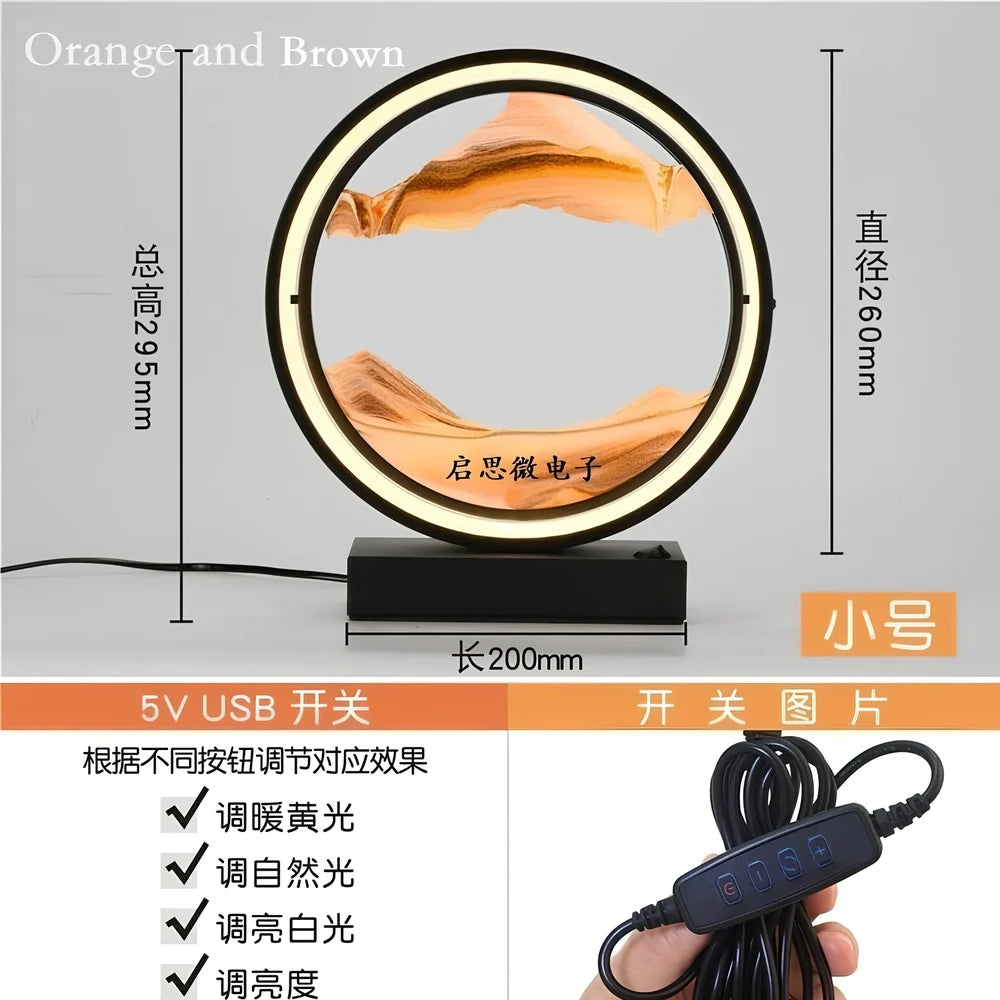 Black and white quicksand table lamp, 295mm tall with LED lights and remote control, coloured sand in glass chamber